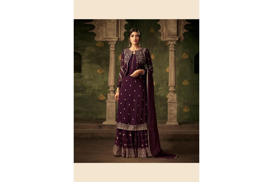 Purple Pakistani Sharara Style Georgette Embroidered Suit main image 0